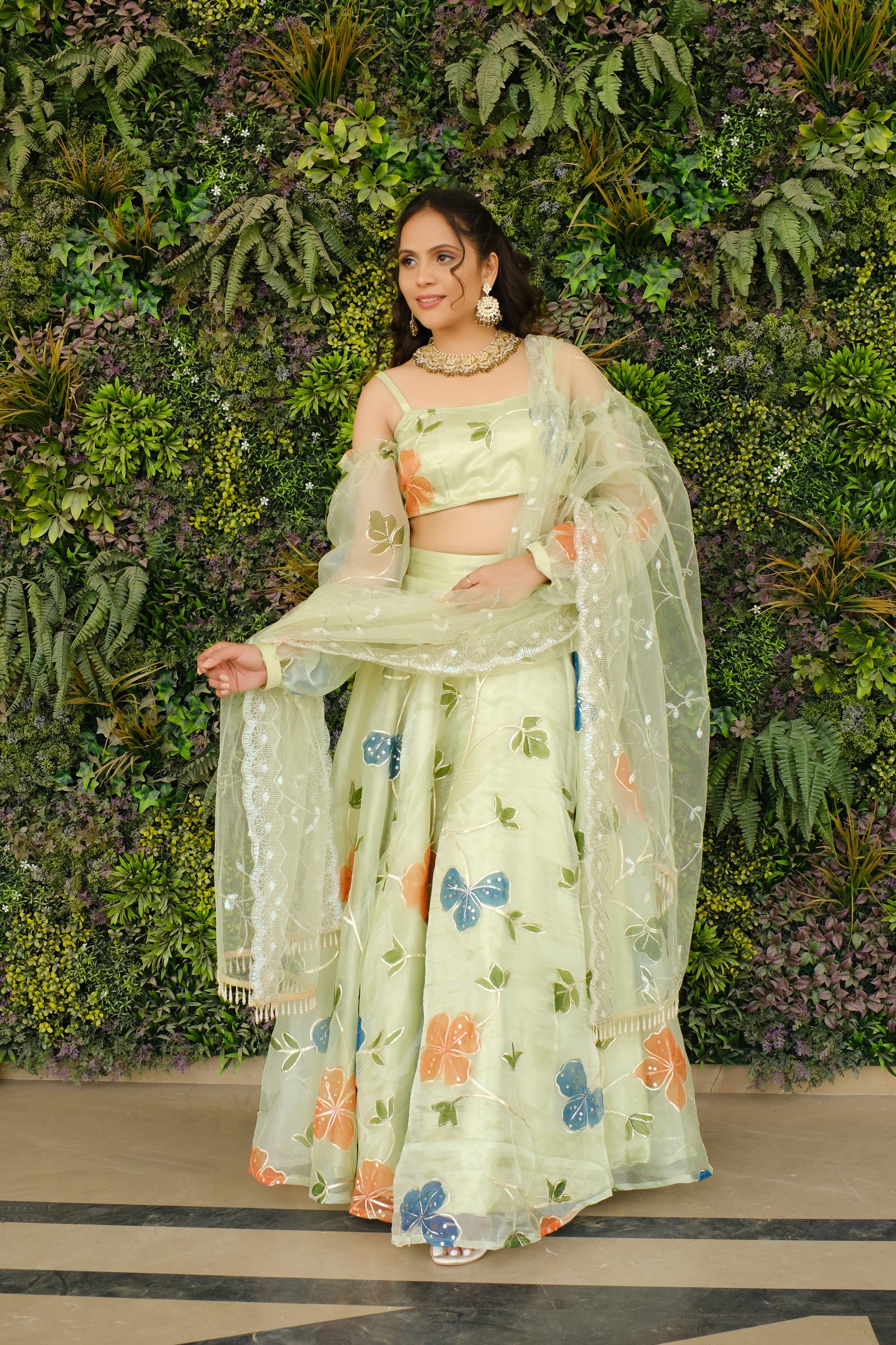 Light Green Multicolor Floral Embroidered Organza Lehenga and Detachable Sleeves