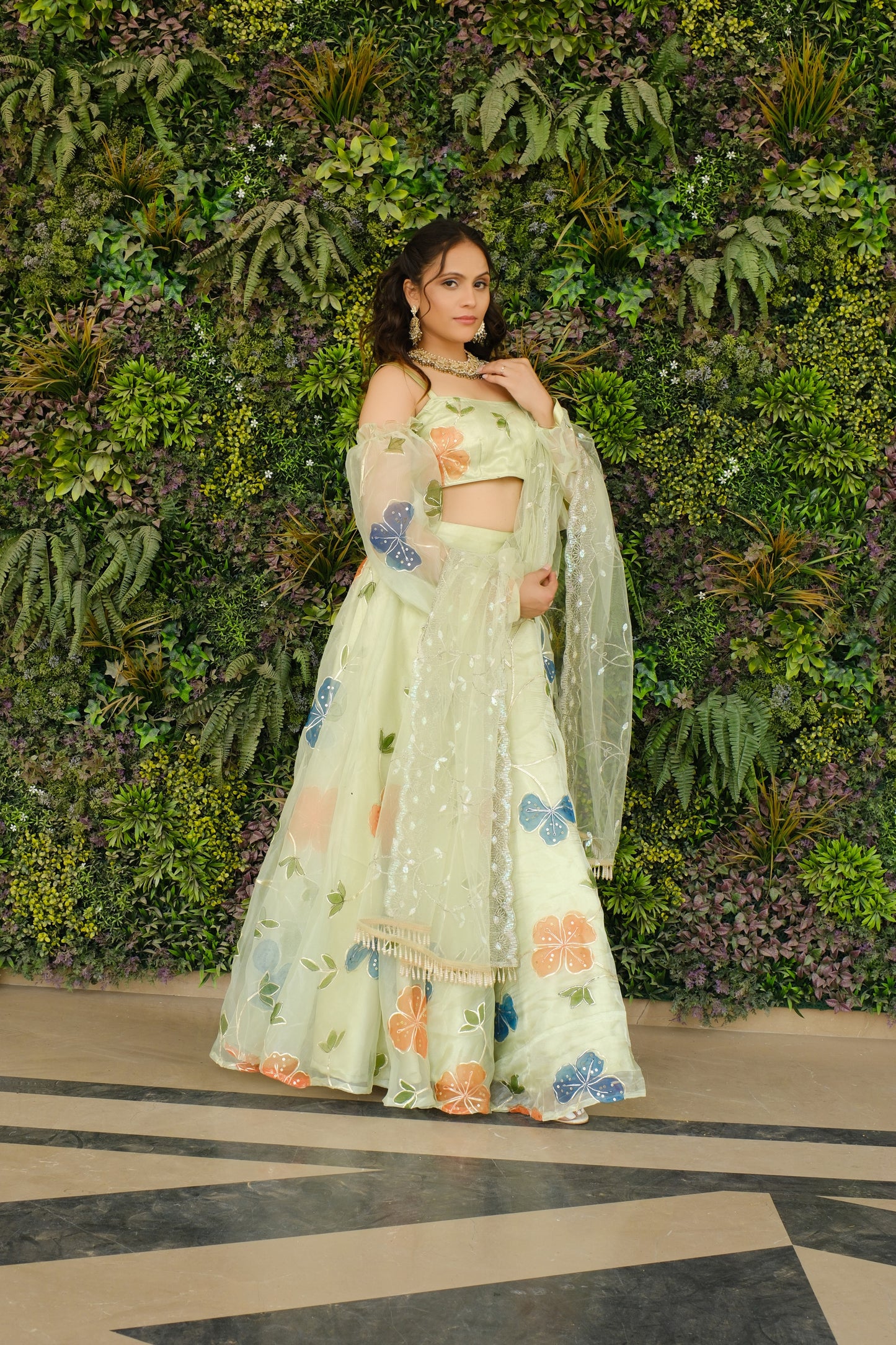 Light Green Multicolor Floral Embroidered Organza Lehenga and Detachable Sleeves