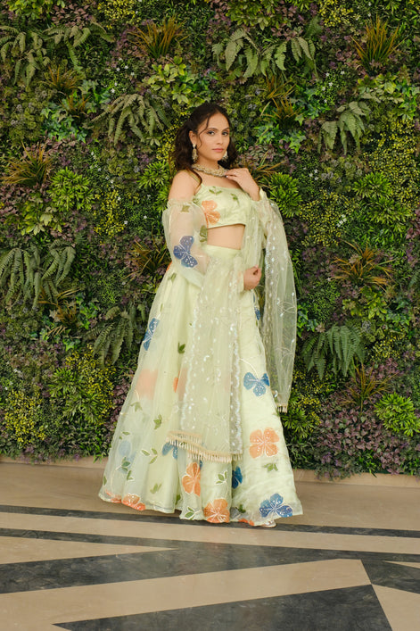 Light Green Multicolor Floral Embroidered Organza Lehenga and Detachable Sleeves