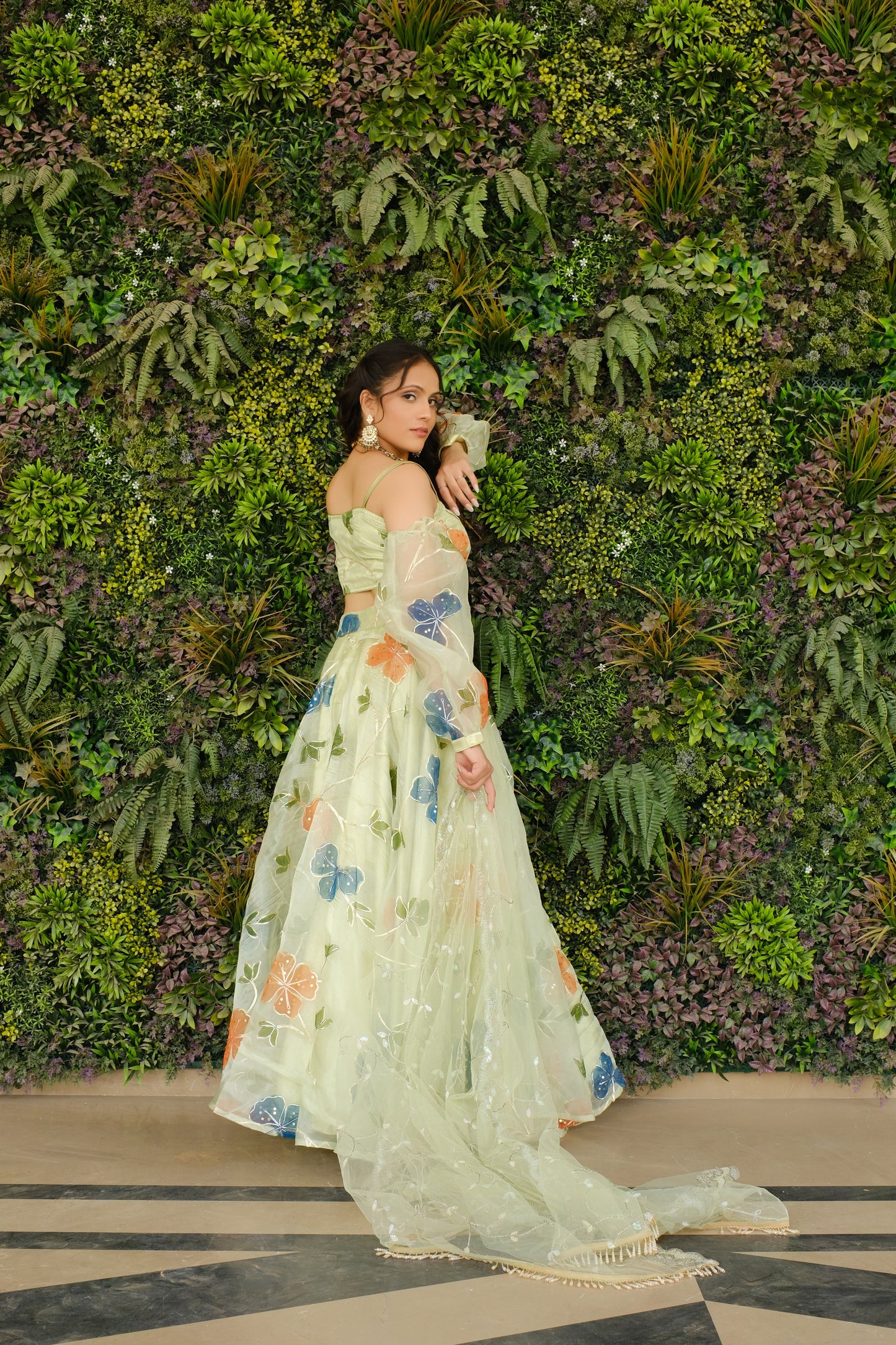 Light Green Multicolor Floral Embroidered Organza Lehenga and Detachable Sleeves