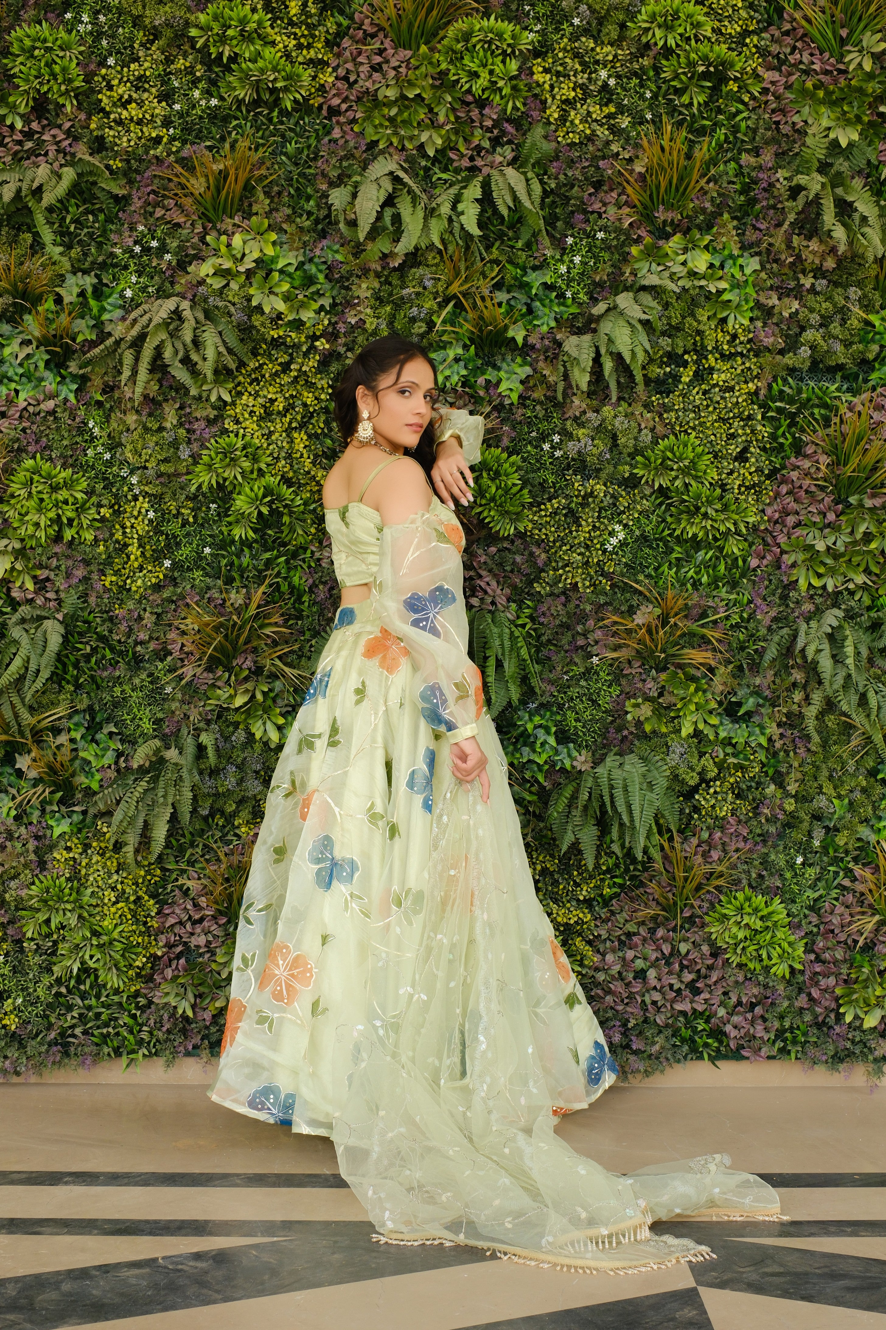 Light Green Multicolor Floral Embroidered Organza Lehenga and Detachable Sleeves