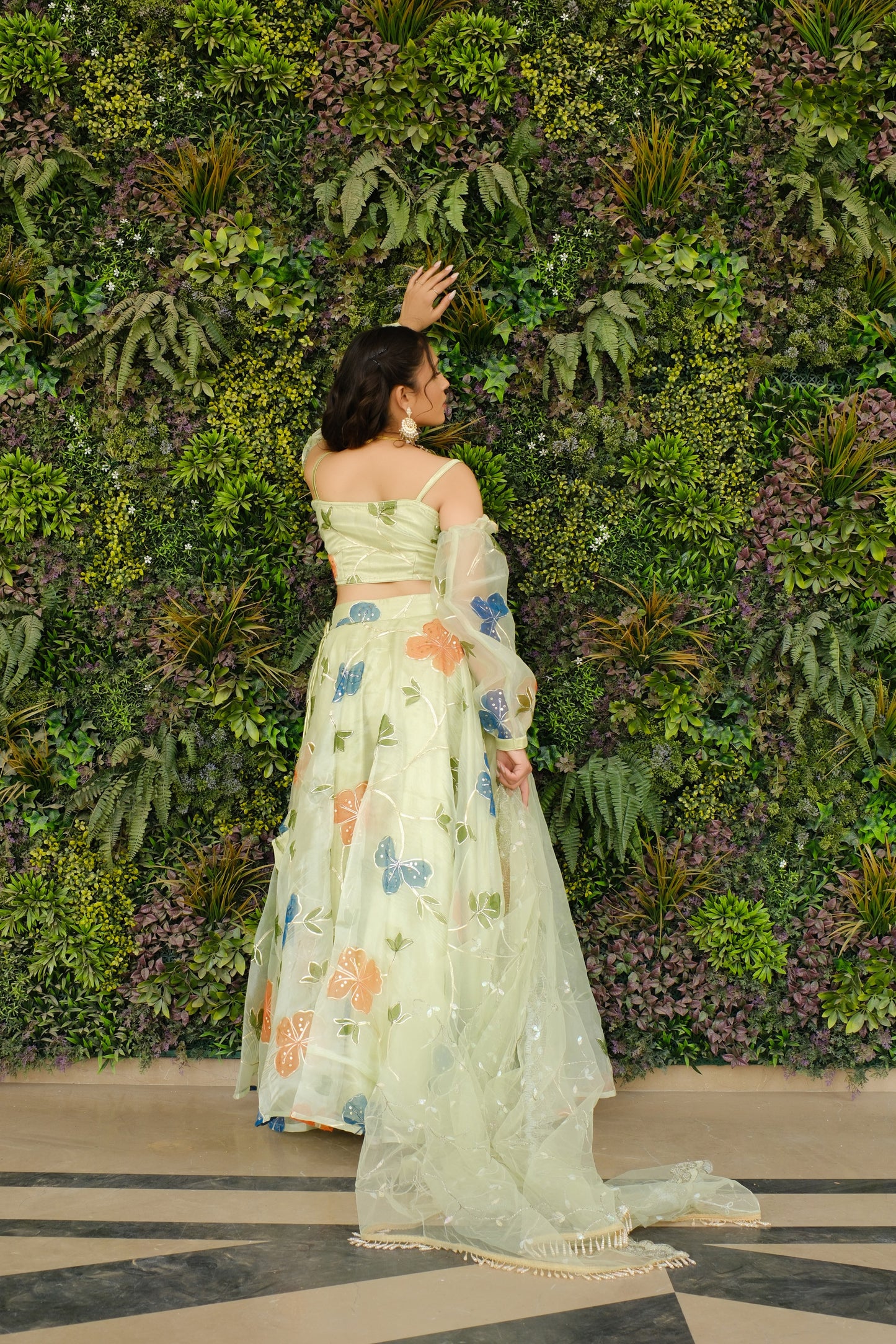 Light Green Multicolor Floral Embroidered Organza Lehenga and Detachable Sleeves