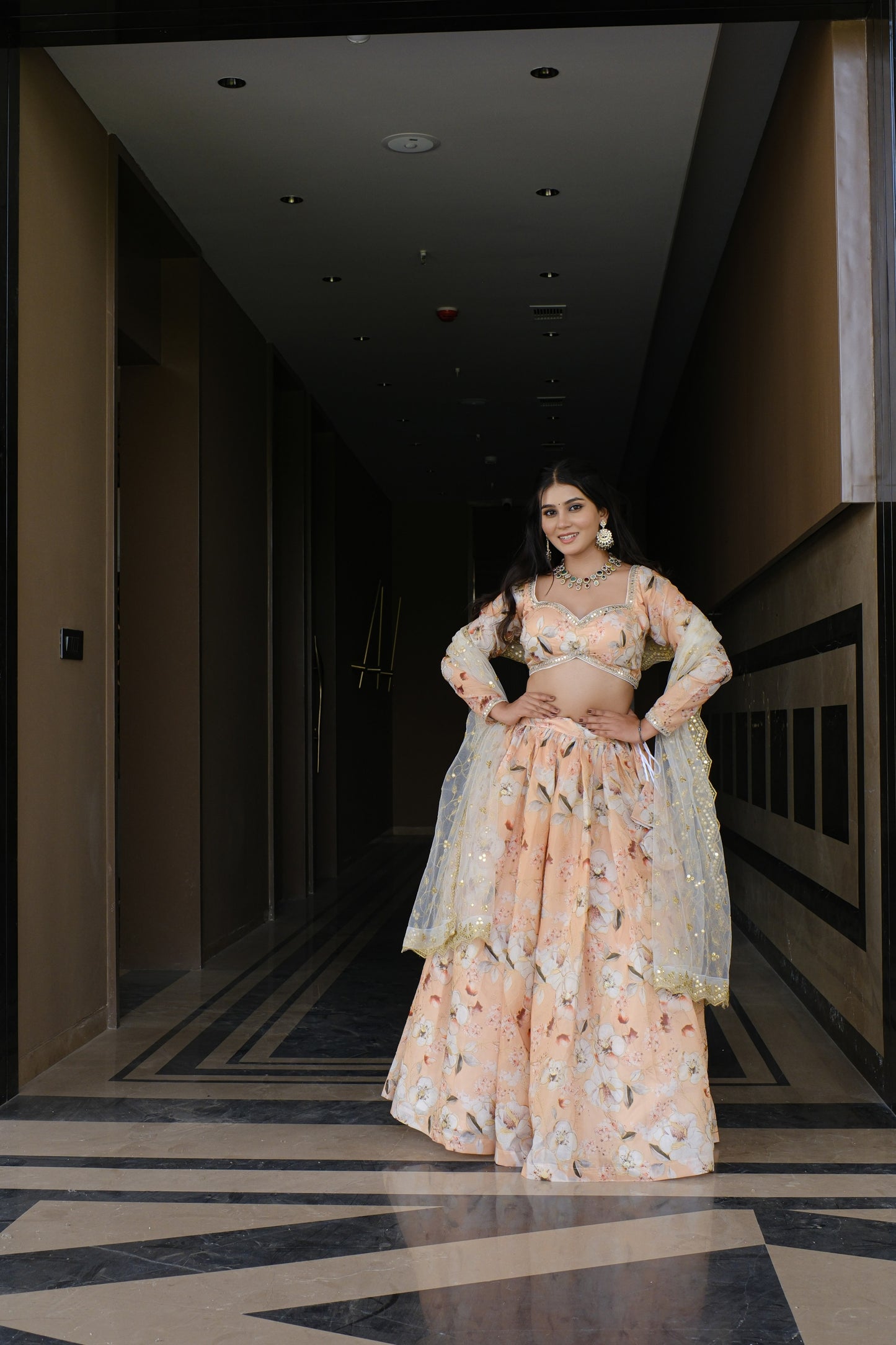 Peach Floral Embroidered Silk Lehenga