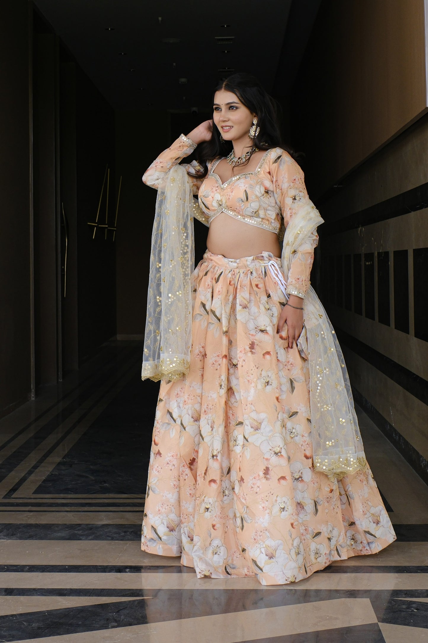 Peach Floral Embroidered Silk Lehenga