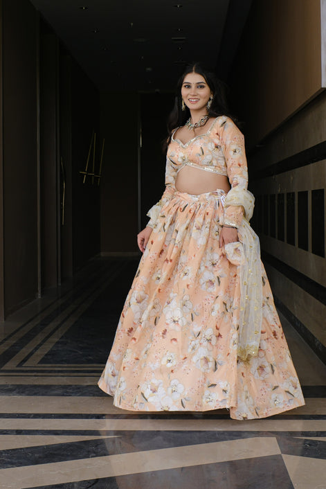 Peach Floral Embroidered Silk Lehenga