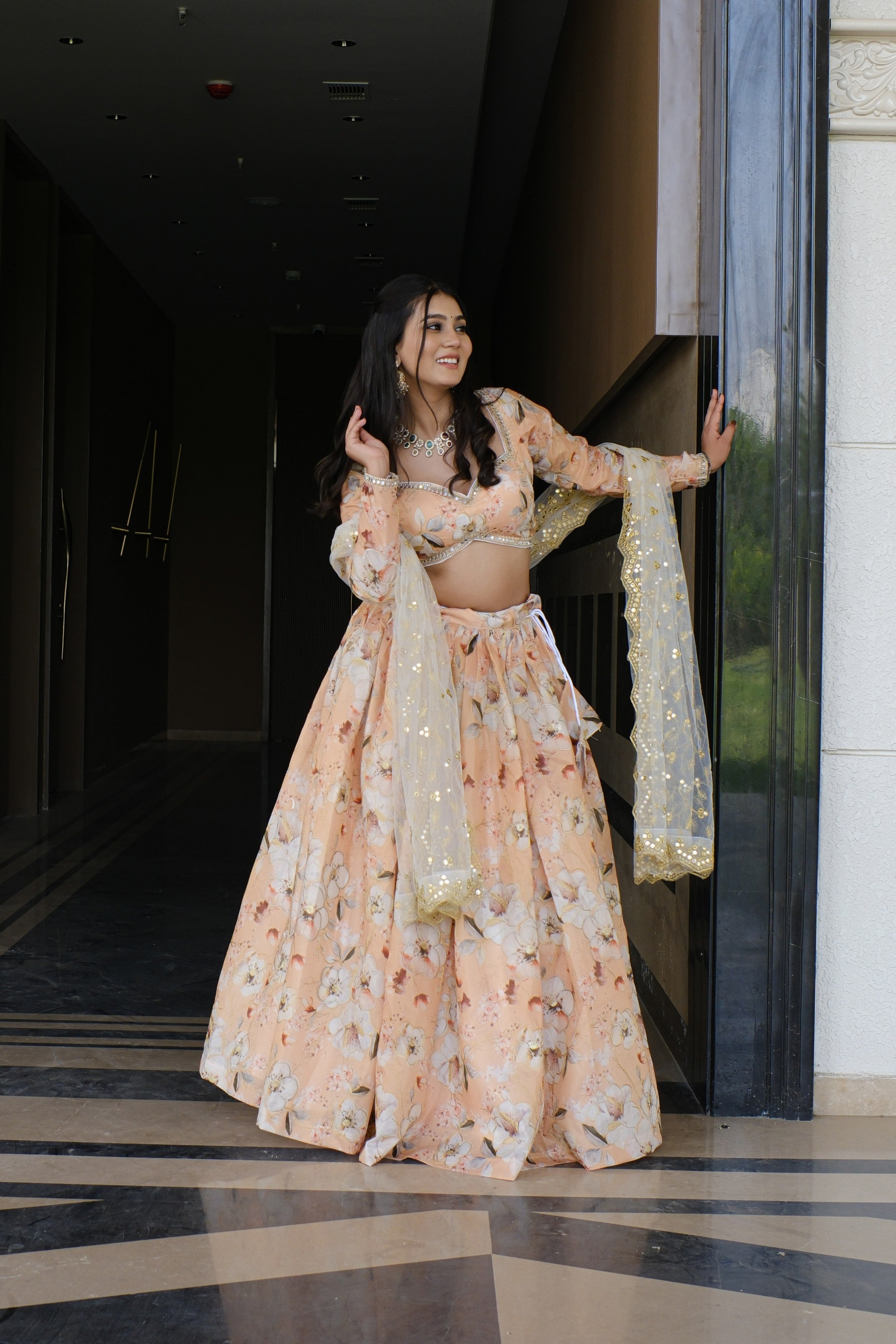 Peach Floral Embroidered Silk Lehenga