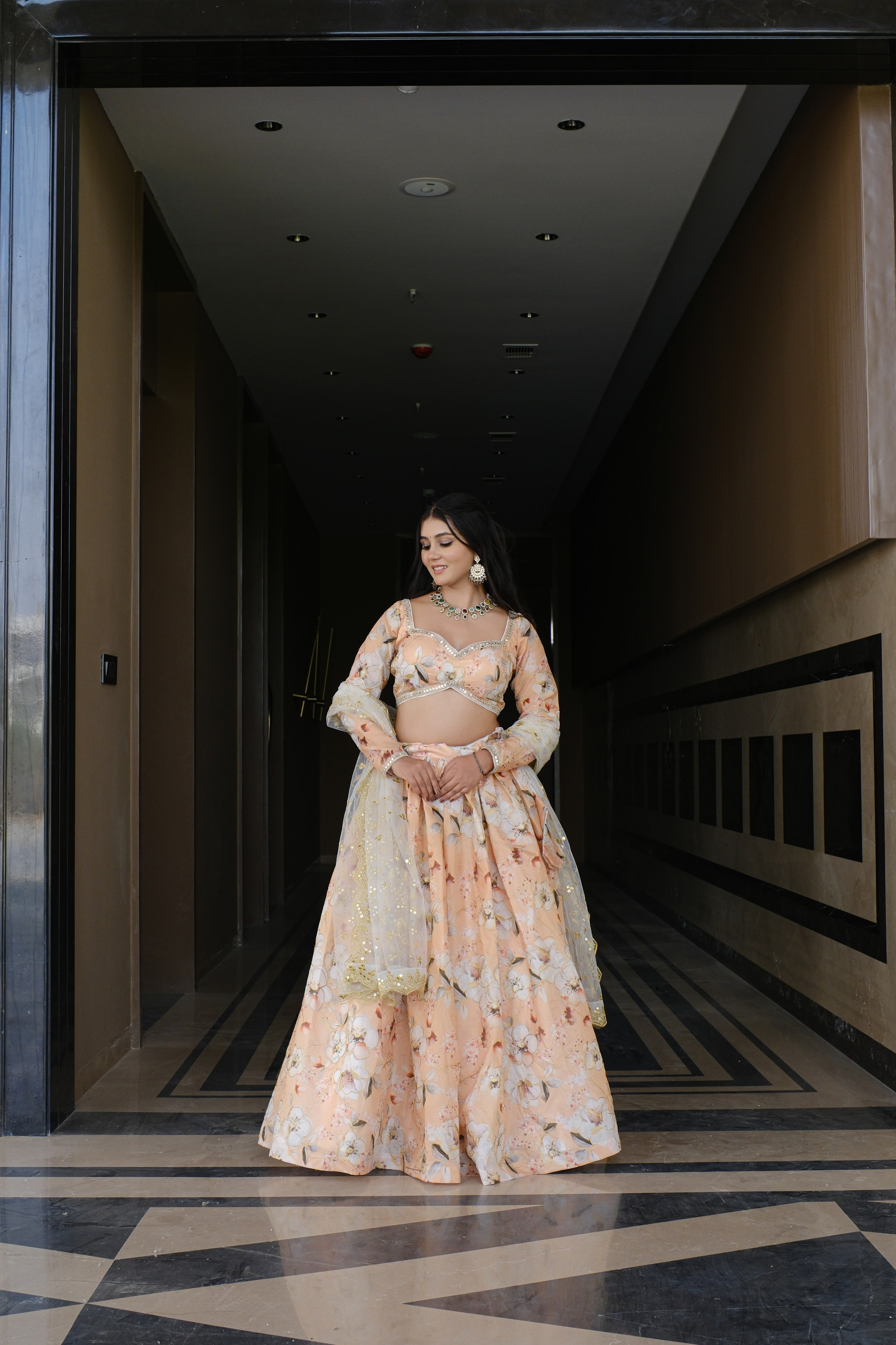 Peach Floral Embroidered Silk Lehenga
