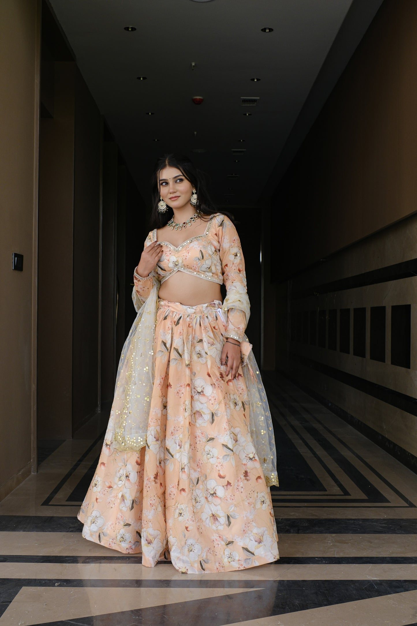 Peach Floral Embroidered Silk Lehenga