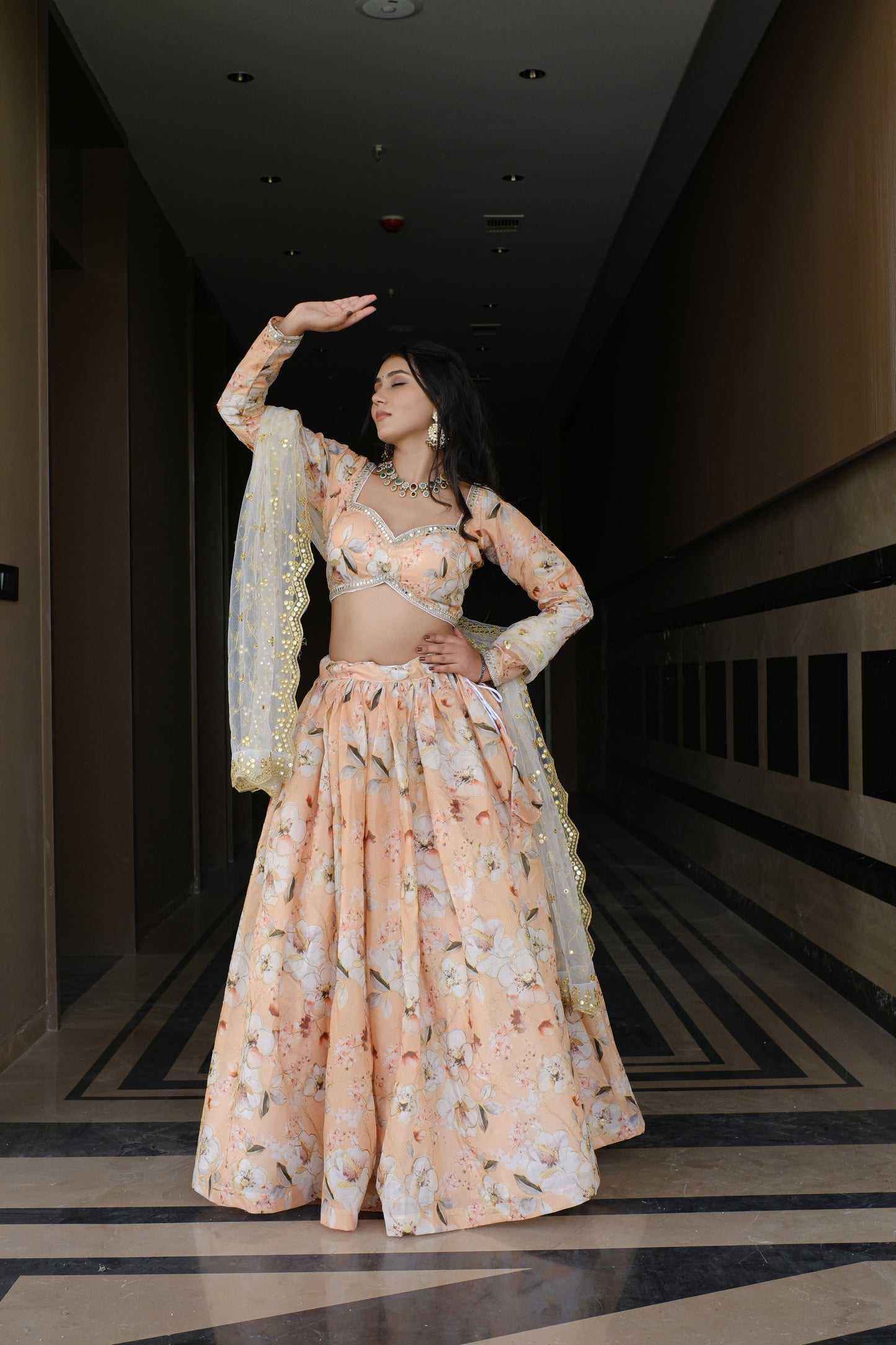 Peach Floral Embroidered Silk Lehenga