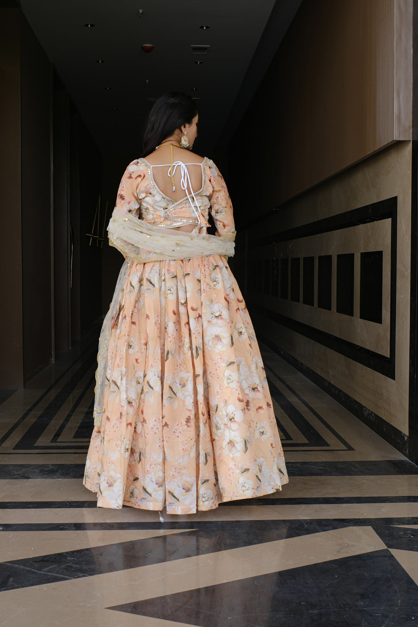 Peach Floral Embroidered Silk Lehenga