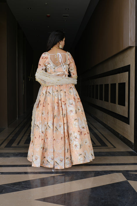 Peach Floral Embroidered Silk Lehenga