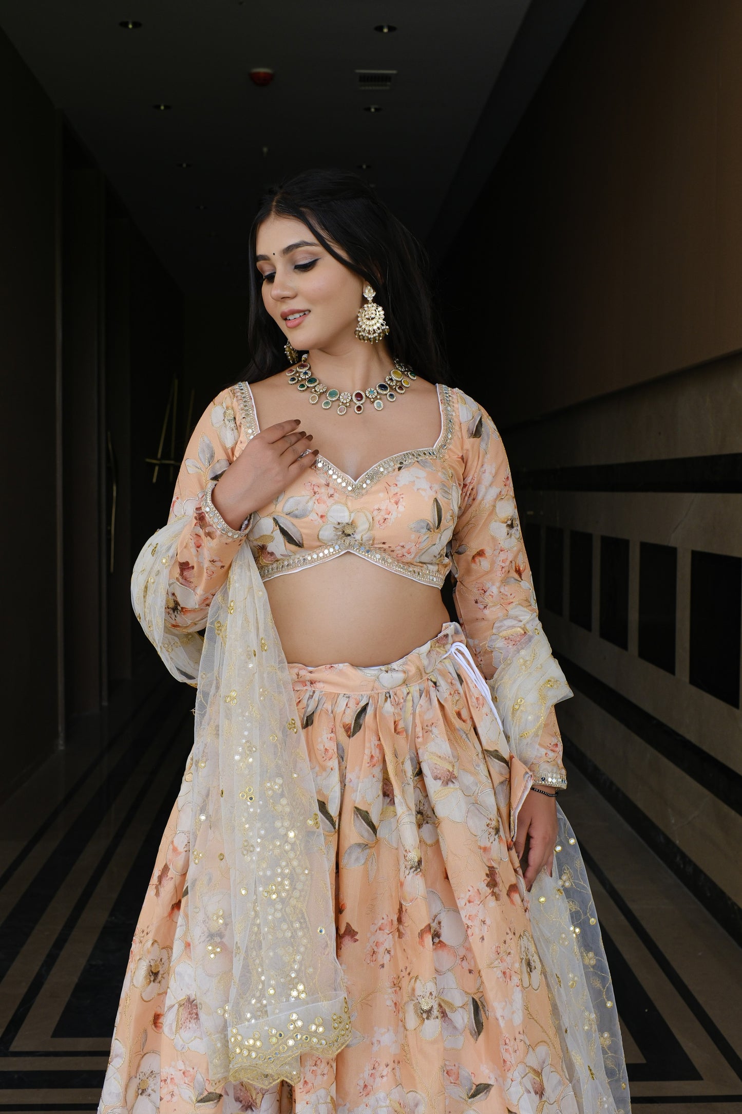 Peach Floral Embroidered Silk Lehenga