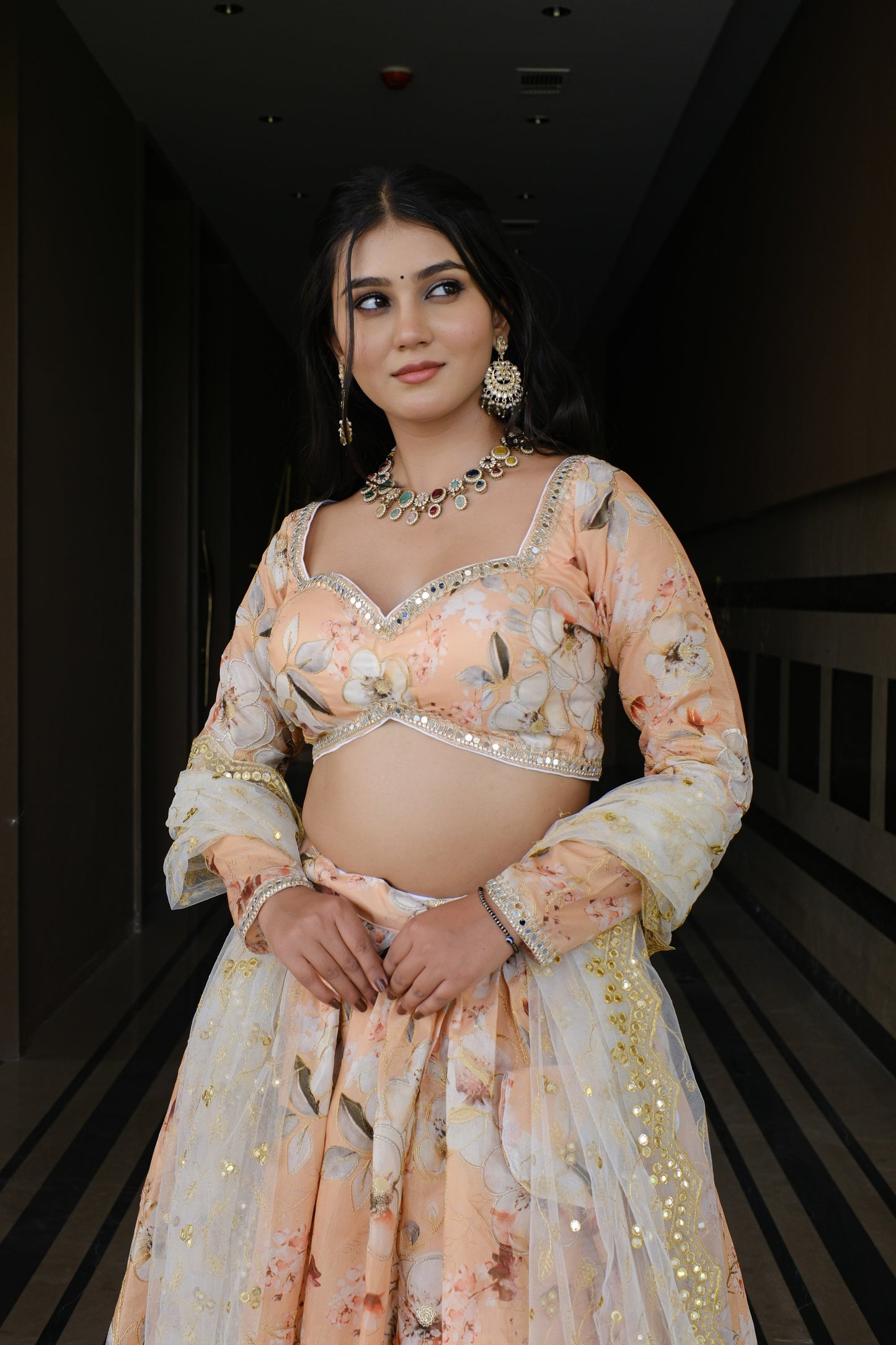 Peach Floral Embroidered Silk Lehenga