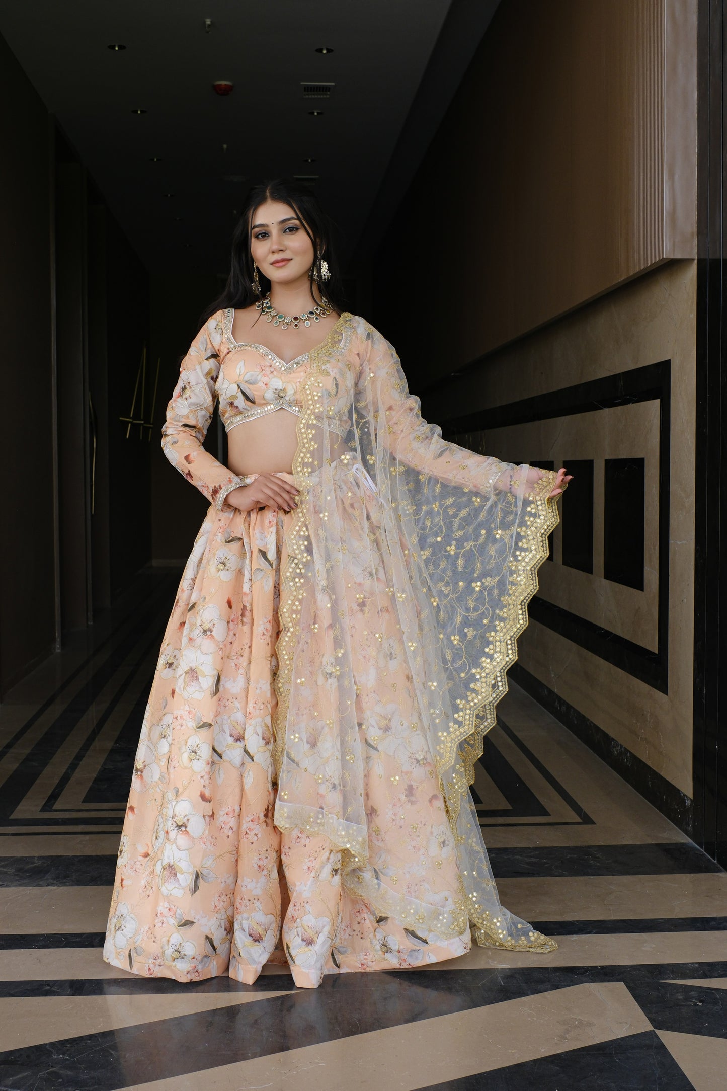 Peach Floral Embroidered Silk Lehenga