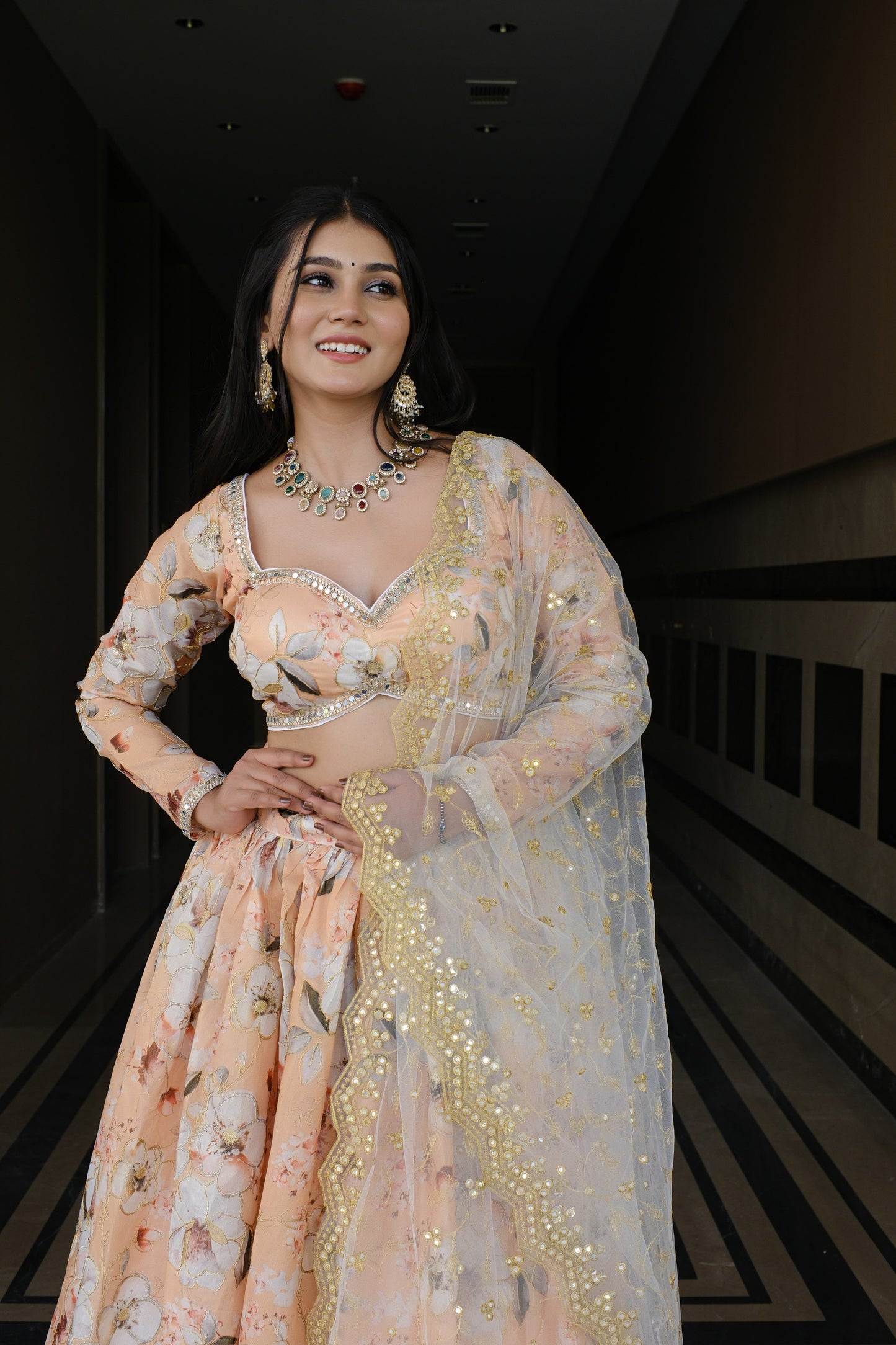 Peach Floral Embroidered Silk Lehenga