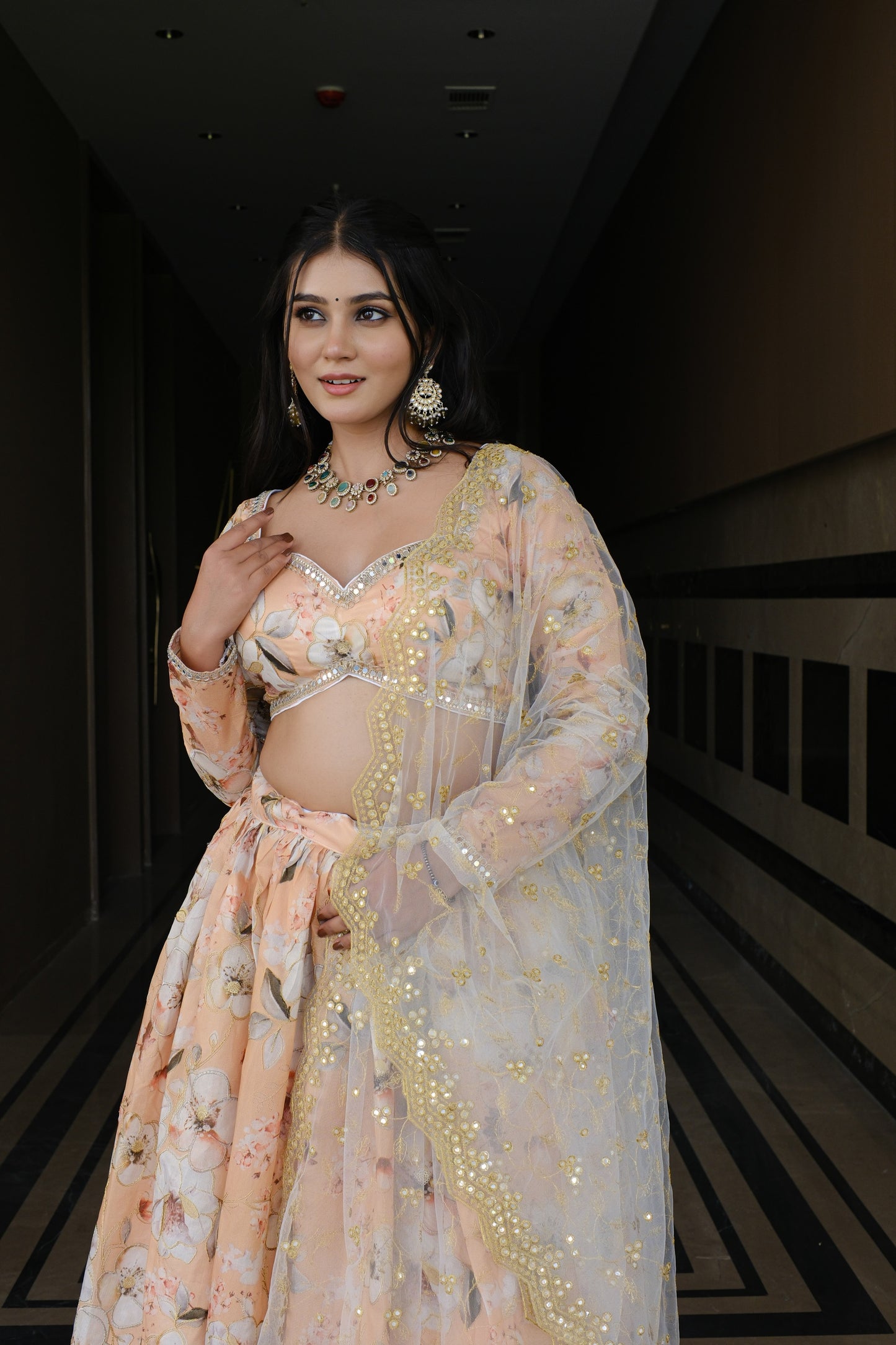 Peach Floral Embroidered Silk Lehenga
