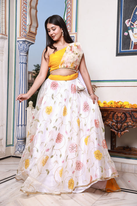 Yellow and White Multicolor Floral Organza Lehenga