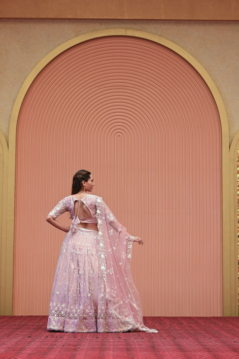 Light Pastel Pink Embroidered Net Lehenga