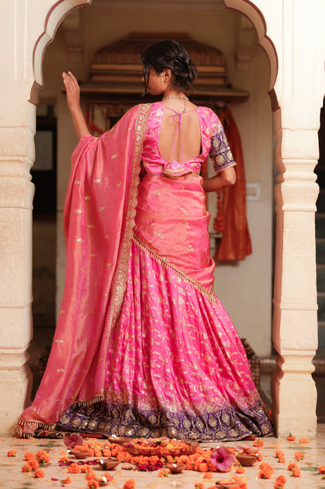Pink and Purple Embroidered Banarasi Silk Lehenga