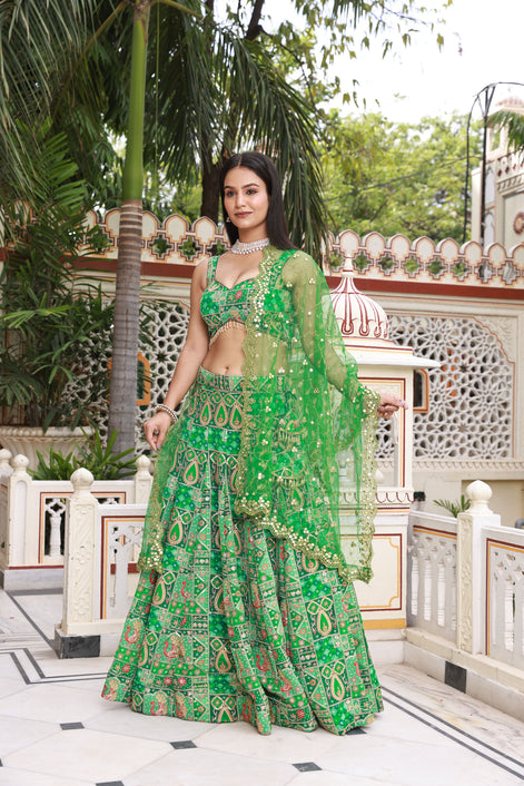 Kelly Green Embroidered Silk Lehenga