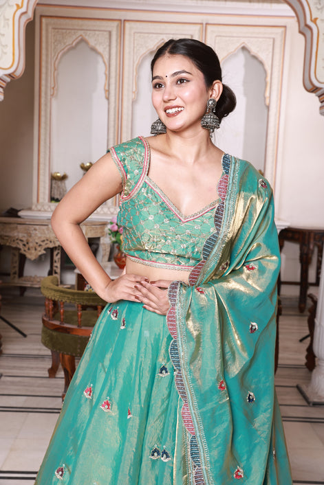 Teal Green Floral Embroidered Silk Lehenga