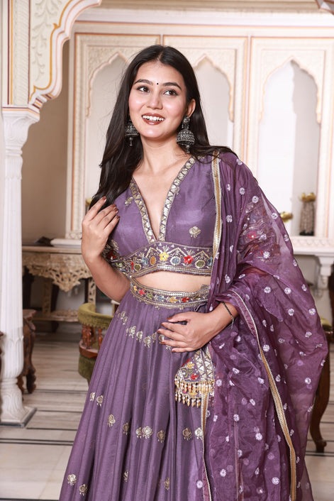 Plum Embroidered Silk Lehenga