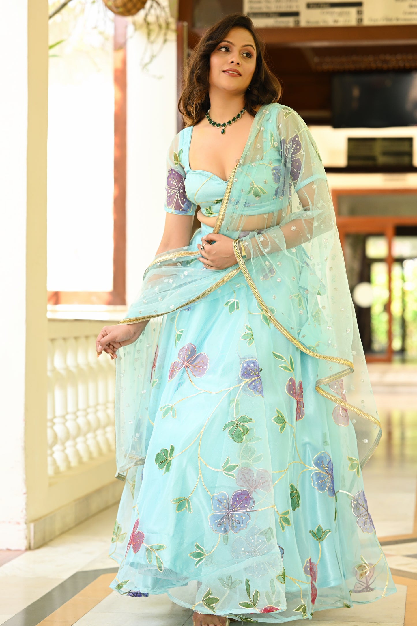 Light Blue Multicolor Floral Embroidered Organza Lehenga