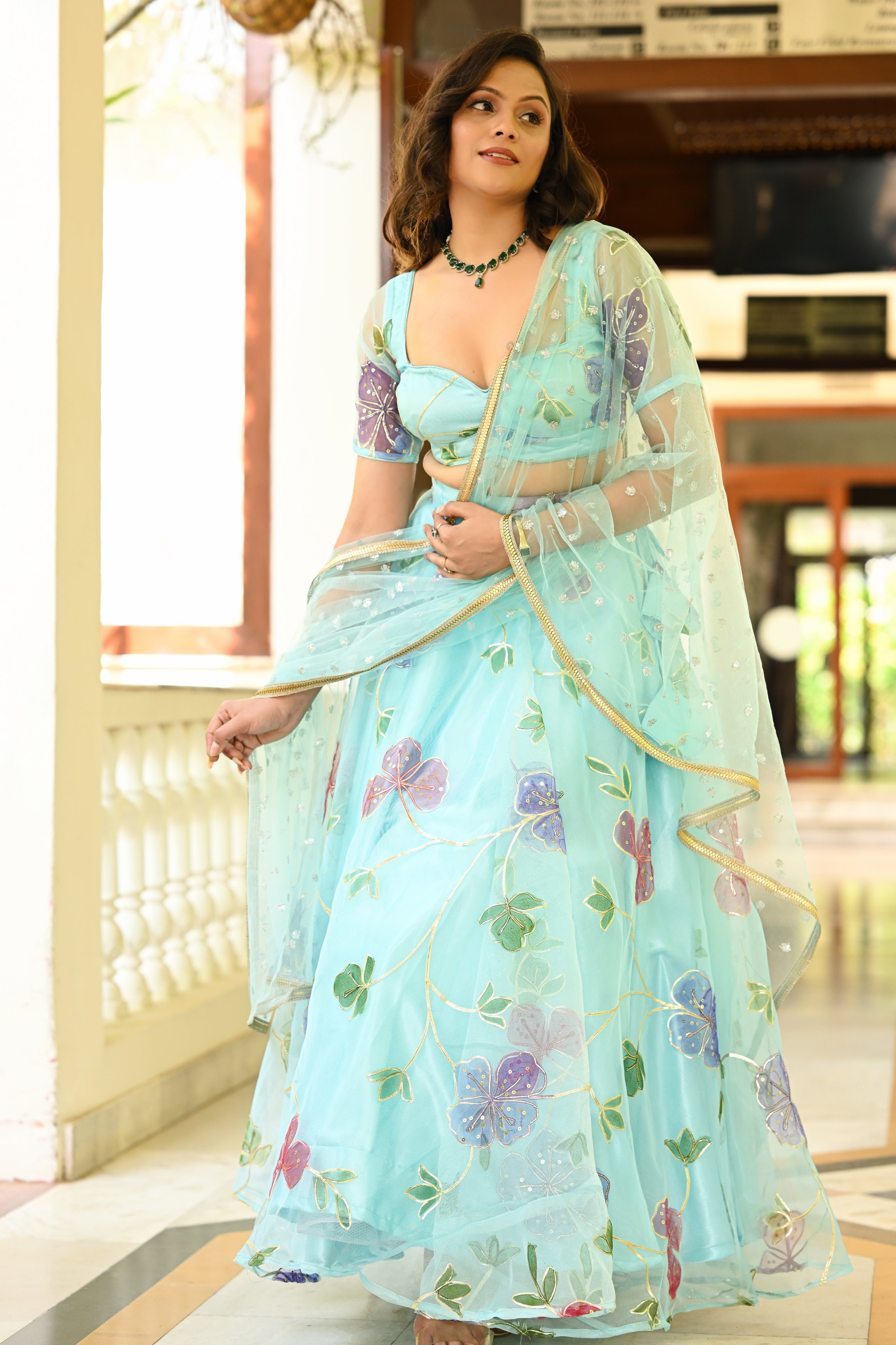 Light Blue Multicolor Floral Embroidered Organza Lehenga