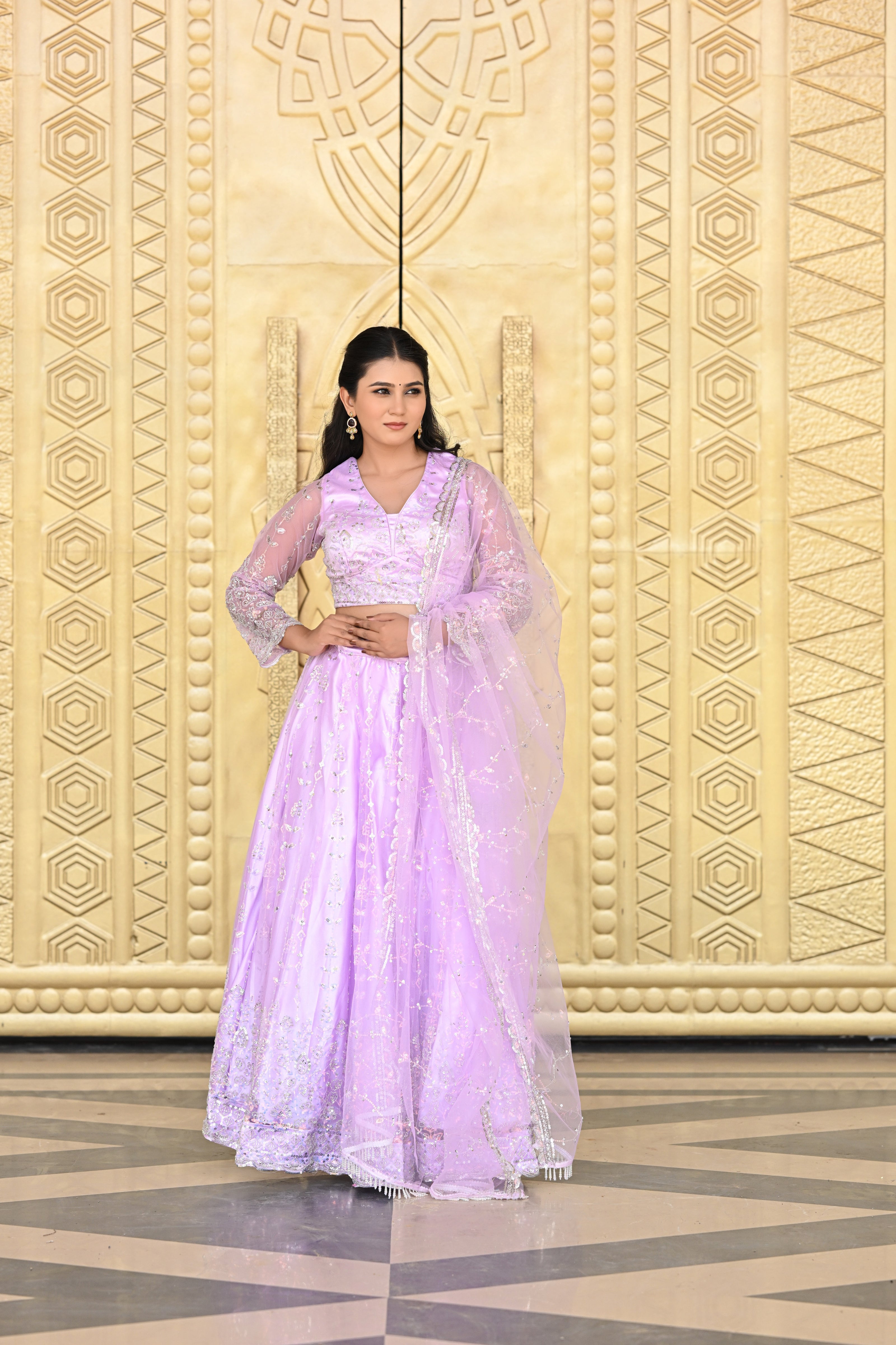 Lavender Pink Sparkle Embroidered Net Lehenga