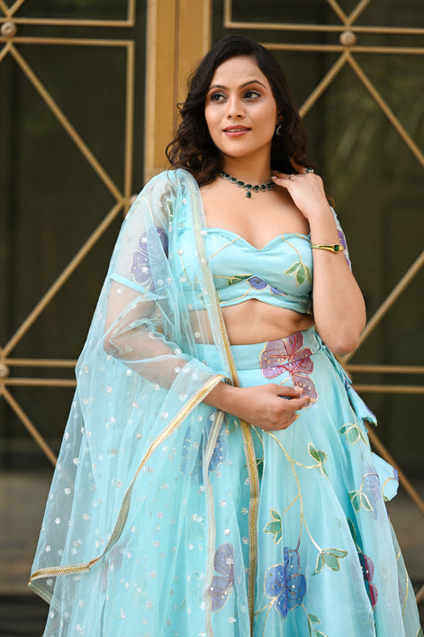Light Blue Multicolor Floral Embroidered Organza Lehenga