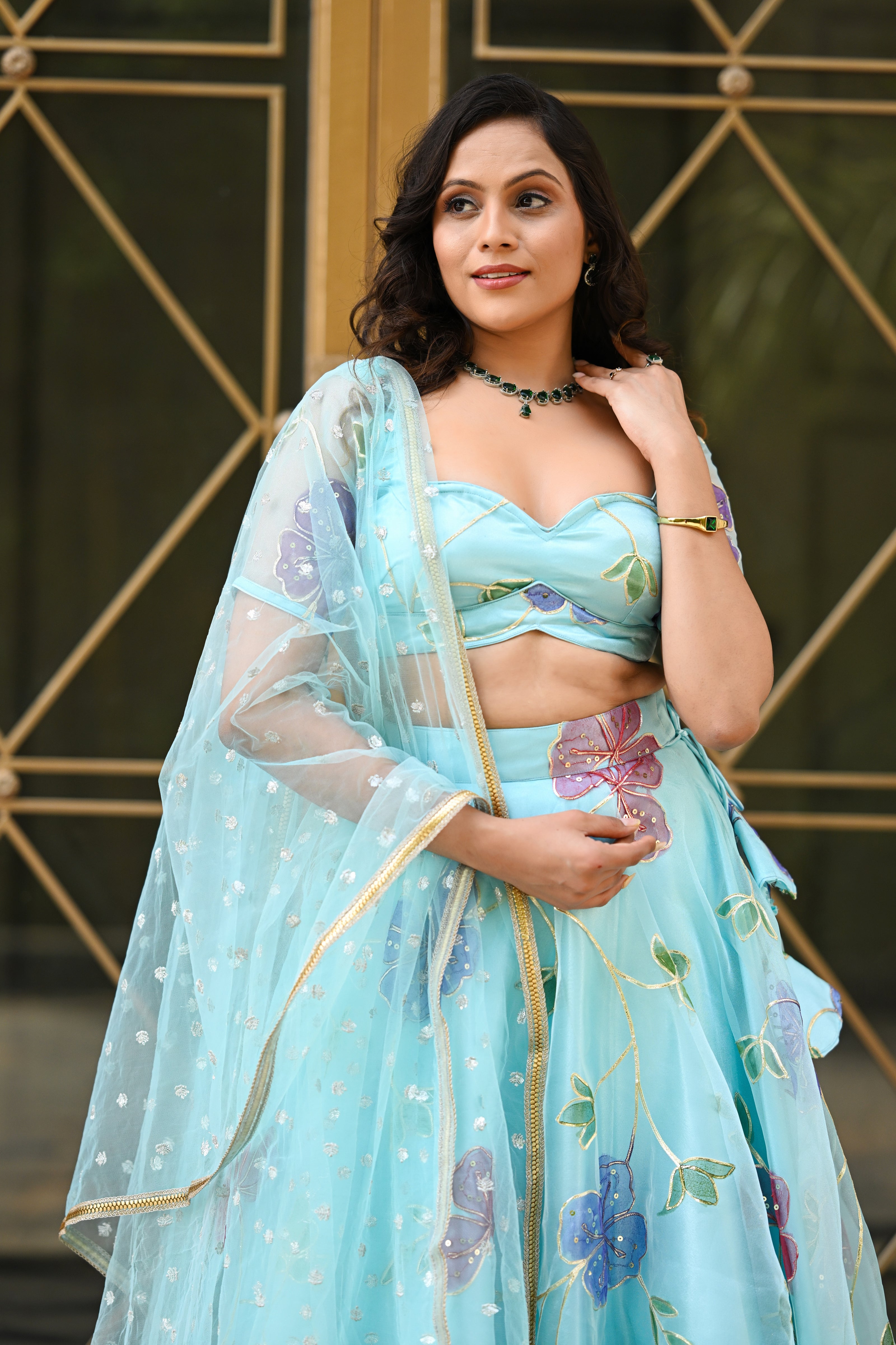 Light Blue Multicolor Floral Embroidered Organza Lehenga