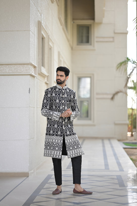 Black and White Embroidered Sherwani