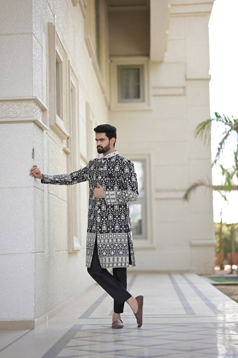 Black and White Embroidered Sherwani