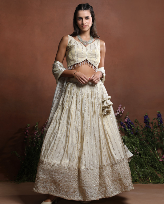 Sleeveless Off-White Embroidered Silk Lehenga - Liza’s Fashion