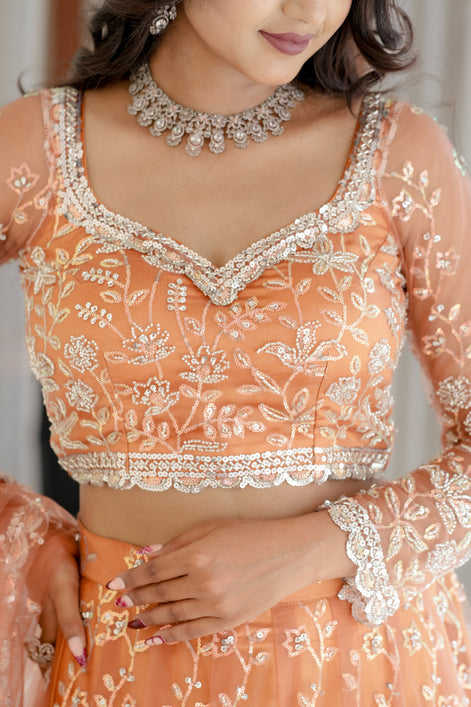 Peach Hand Embroidered Net Lehenga
