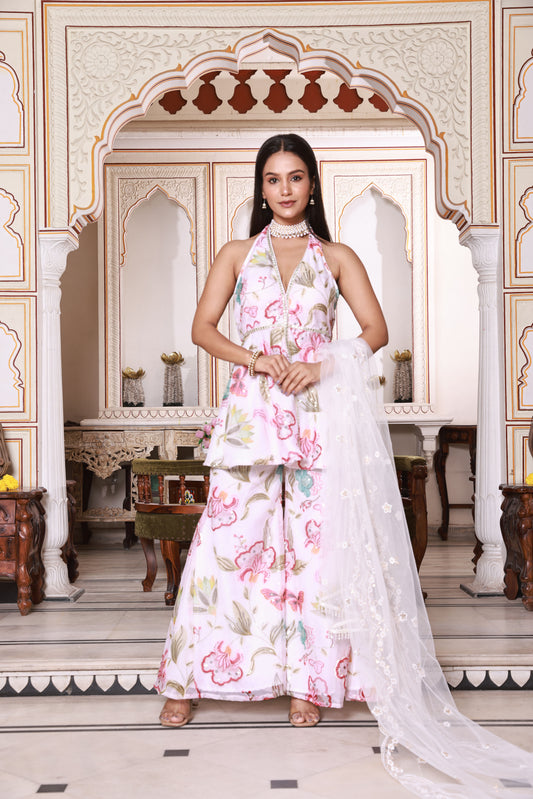 White Multicolor Floral Peplum-Style Embroidered Organza Pant Set