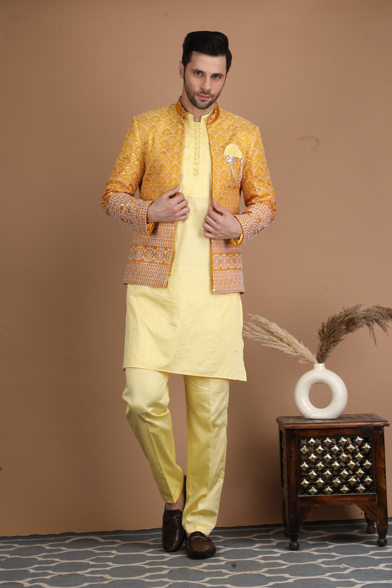 Yellow and Gold Silk Nehru Jacket Set