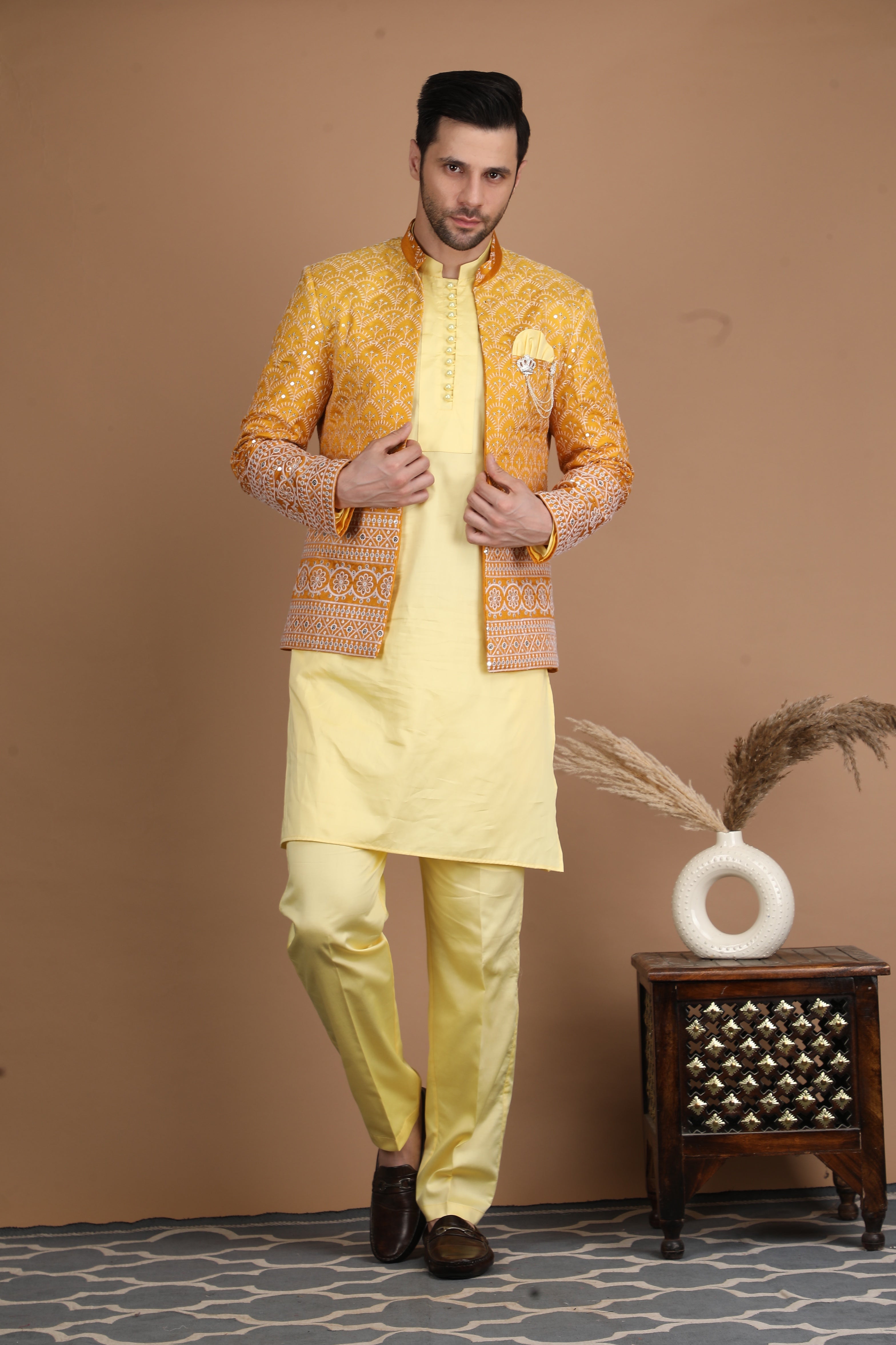 Yellow and Gold Silk Nehru Jacket Set
