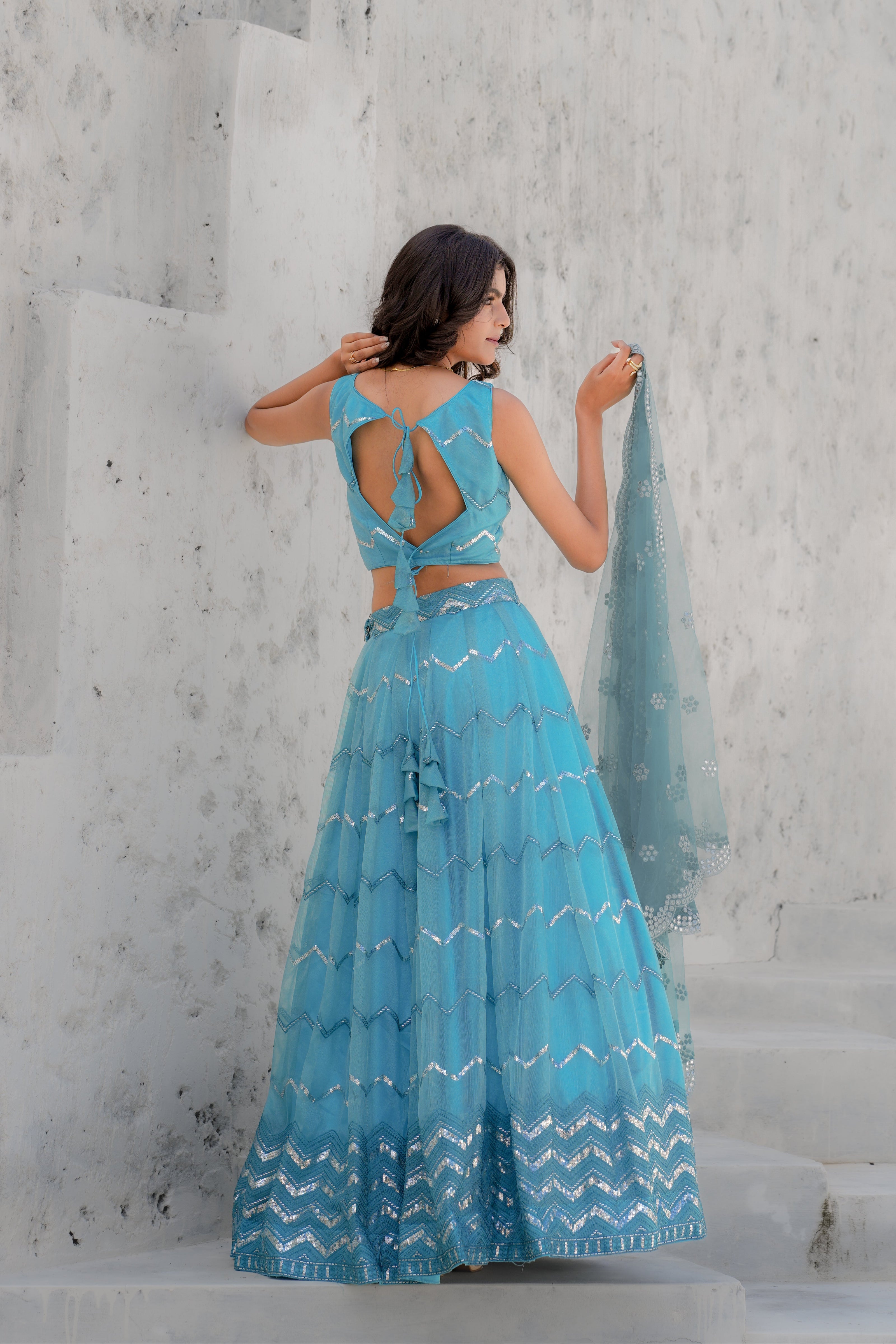 Sky Blue Embroidered Chiffon Lehenga
