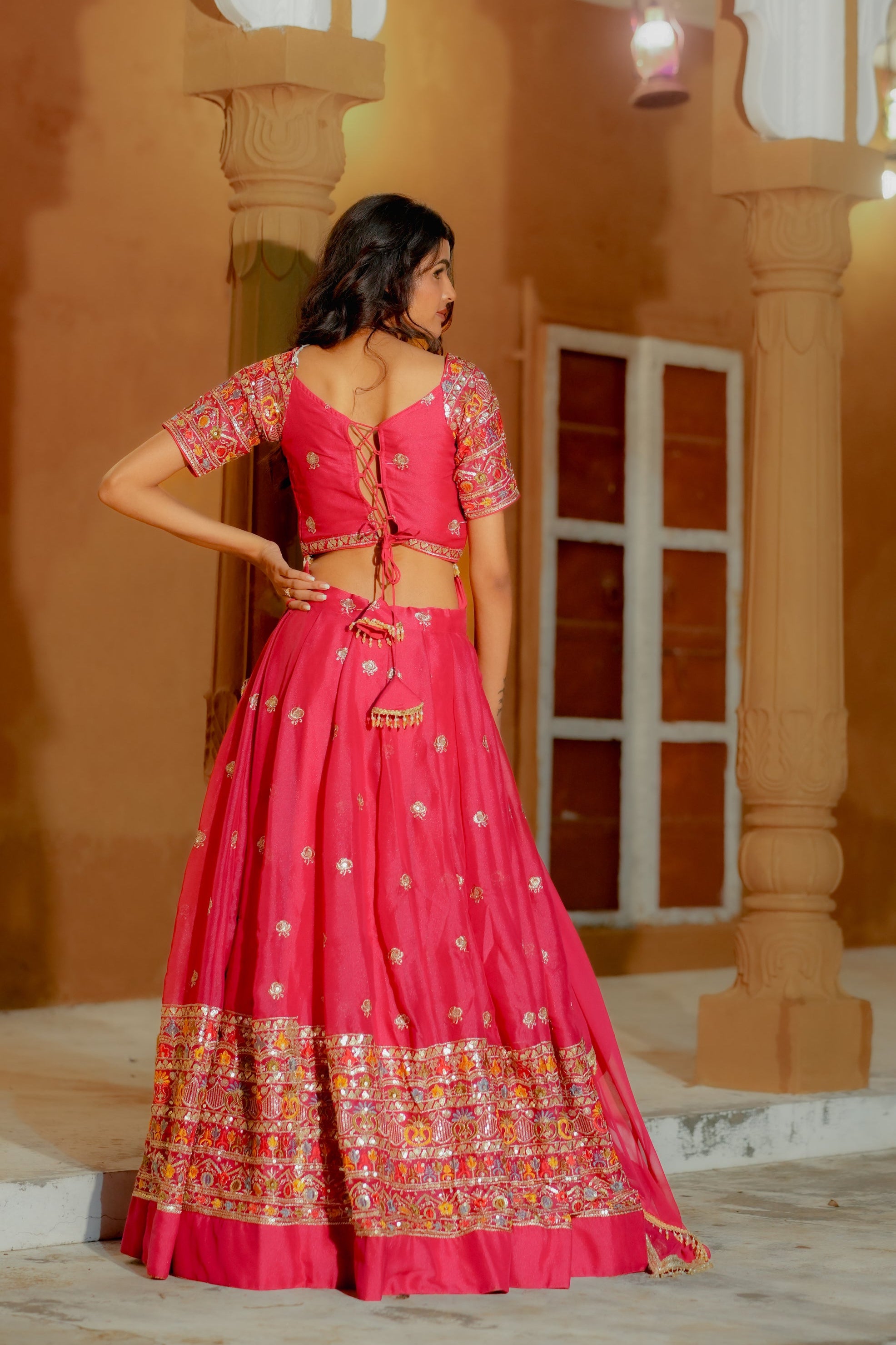 Pink Embroidered Georgette Lehenga