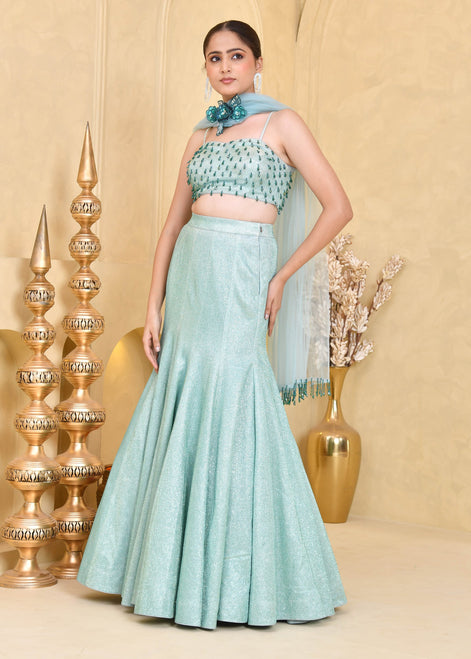 Mint Green Hand-Embroidered Shimmer Lycra Fishcut Lehenga