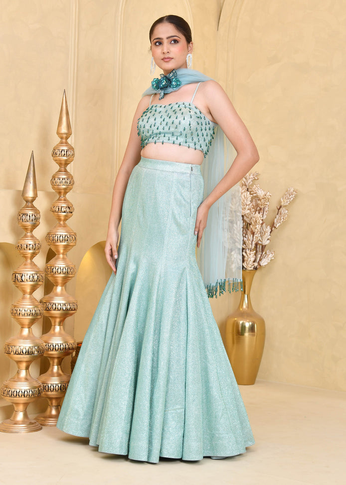 Mint Green Hand-Embroidered Shimmer Lycra Fishcut Lehenga