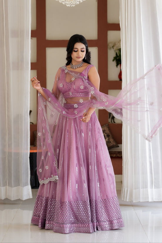 Dusty Lilac Embroidered Chiffon Lehenga