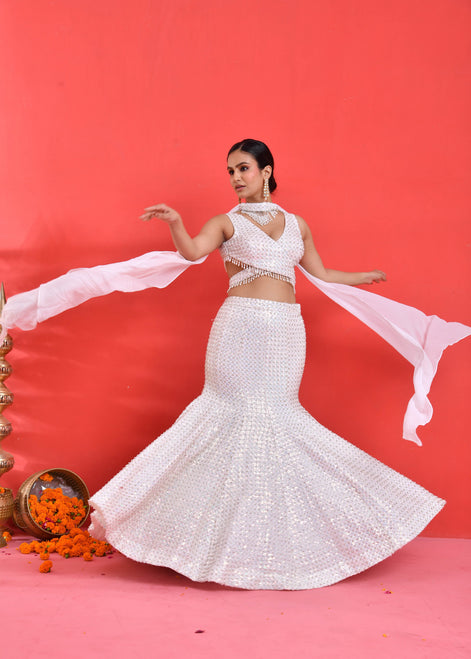 Ivory Hand-Embroidered Georgette Fishcut Lehenga