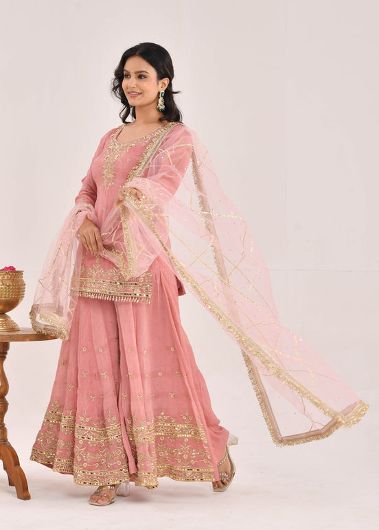 Dusty Peach Embroidered Satin Sharara Suit