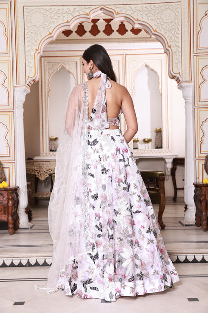 White Multicolor Floral Embroidered Net Lehenga