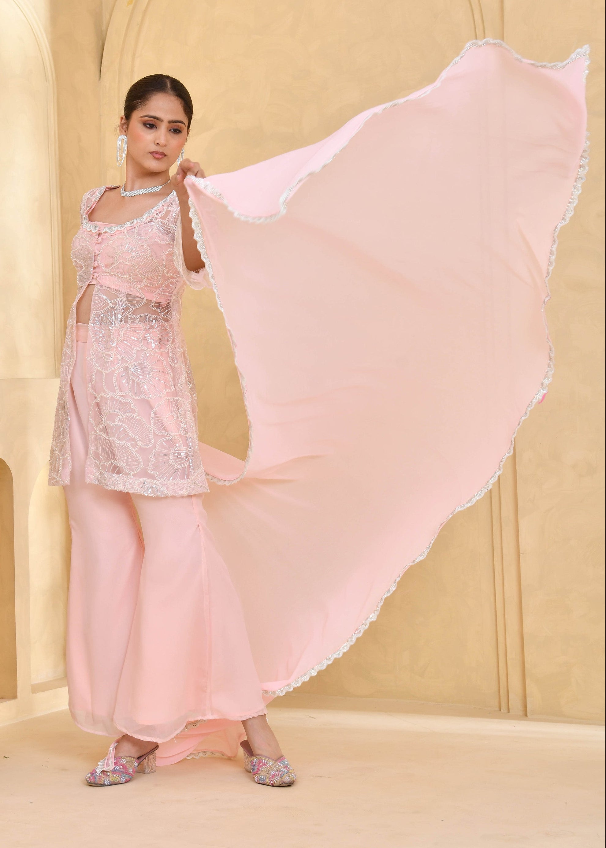 Light Pink Hand-Embroidered Georgette Sharara Suit