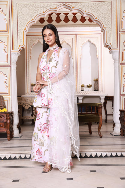 White Multicolor Floral Peplum-Style Embroidered Organza Pant Set