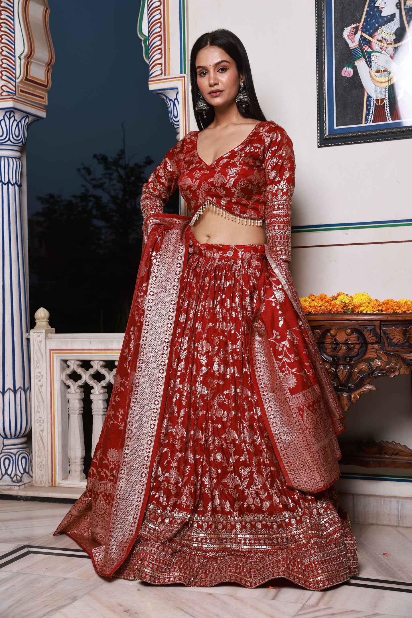 Deep Red Embroidered Silk Lehenga
