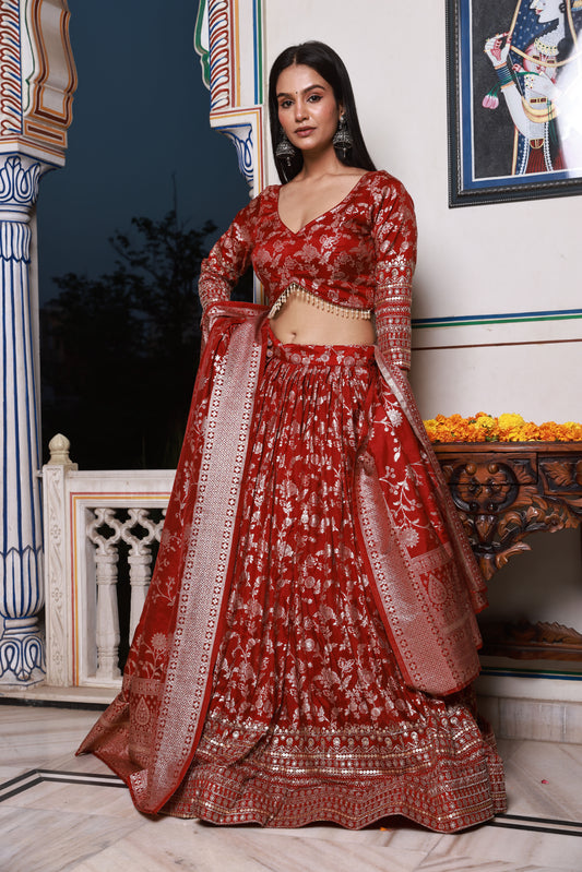 Deep Red Embroidered Silk Lehenga